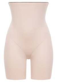 Shorts beige modellanti con vita alta, design senza cuciture e taglio a coscia, realizzati in un tessuto liscio e elasticizzato.