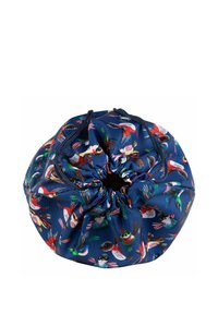 Trekkoordzak in marineblauw met een levendig vogelpatroon. Gemaakt van duurzame stof, heeft het een soepele textuur en een geplooide opening met zwarte koorden.