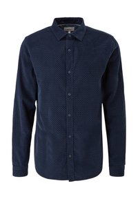 Chemise bleu marine à manches longues à boutons, avec petits pois blancs et col classique, présentée sur fond blanc.