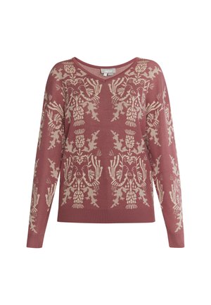 Rose-colored knit sweater featuring a cream patterned design with birds and foliage, wide neckline, and long, fitted sleeves.