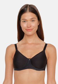 Schwarzer BH aus glattem Stoff, mit Unterwäschestütze, verstellbaren Trägern und einem kleinen Frontverschluss. Einfaches, funktionales Design.