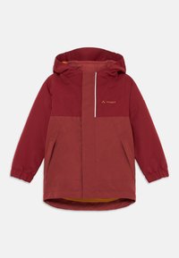 Red outdoor jacket with a hood, featuring a zip front, elastic cuffs, and two front pockets. Lined with yellow interior. Vaude logo visible.