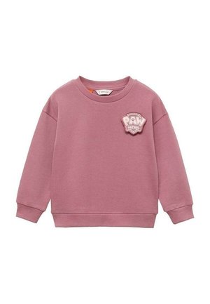 Sweat-shirt pour enfants à manches longues rose avec poignets et ourlet côtelés, arborant un patch logo Pat' Patrouille sur le haut gauche de la poitrine.
