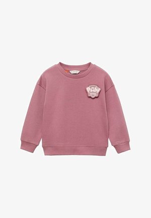 Sweat-shirt pour enfants à manches longues rose avec poignets et ourlet côtelés, arborant un patch logo Pat' Patrouille sur le haut gauche de la poitrine.