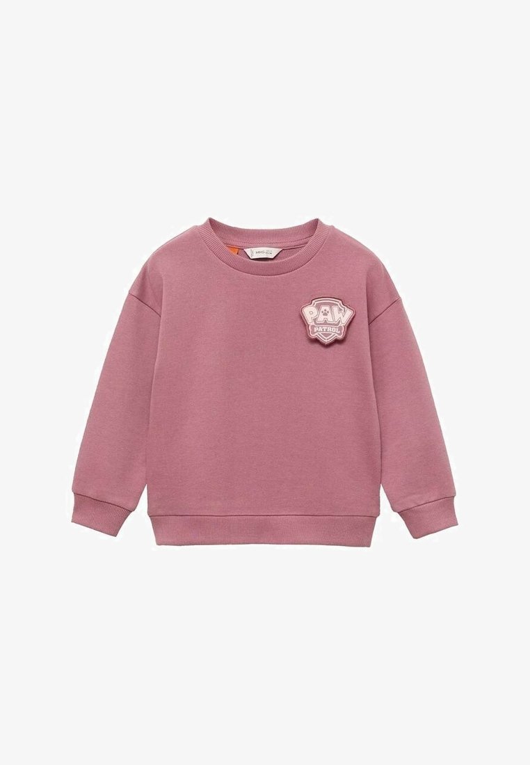 Sweat-shirt pour enfants à manches longues rose avec poignets et ourlet côtelés, arborant un patch logo Pat' Patrouille sur le haut gauche de la poitrine.