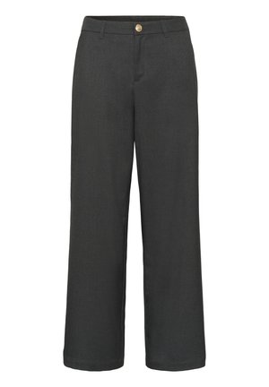 Pantalons noirs à jambes droites avec fermeture à bouton et à glissière, passants de ceinture et taille mi-haute.