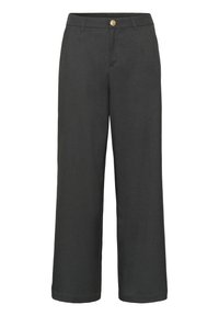 Weite Hose aus dunkelgrauem Stoff mit Knopfverschluss, flachem Vorderteil und sauberen Säumen. Glatte Textur mit subtiler Schimmer.