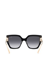 Lunettes de soleil carrées noires oversize avec verres dégradés foncés et branches métalliques dorées avec détails rainurés.