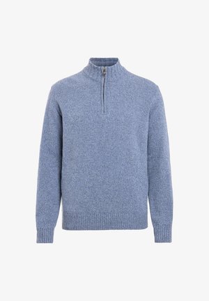 Maglione azzurro chiaro con collo alto e mezzo zip. Texture lavorata a maglia, polsini e orlo a coste. Vestibilità regolare, tessuto di peso medio.