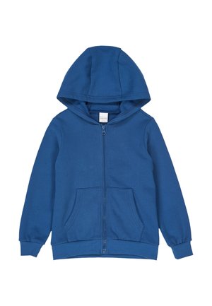 Blauer Kinderhoodie mit Frontreißverschluss, zwei Taschen, gerippten Bündchen und angenommener Kapuze.