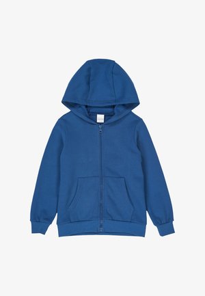 Blauwe kinderhoodie met rits aan de voorkant, twee zakken, ribgebreide manchetten en een vast capuchon.
