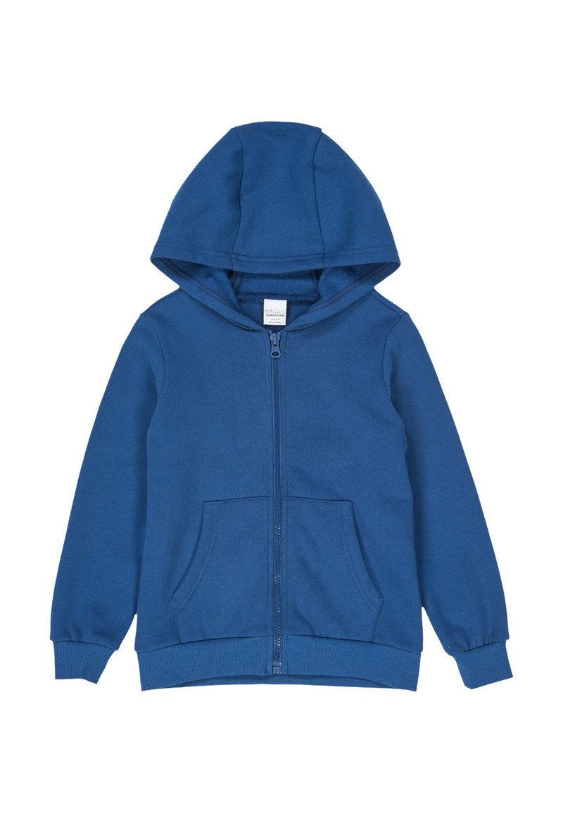 Felpa blu per bambini con zip frontale, due tasche, polsini a costine e cappuccio integrato.