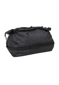 Black duffel bag made of waterproof material, featuring a zippered pocket, adjustable straps, and a sturdy base with reinforced handles.