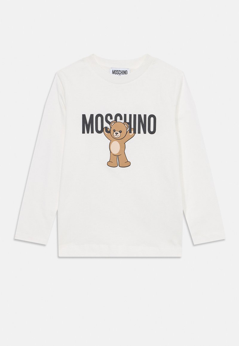 Camicia bianca a maniche lunghe con grafica di un orso bruno e stampa "MOSCHINO" in nero sopra. Realizzata in morbido tessuto di cotone.