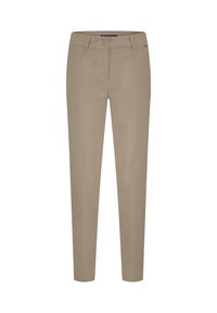 Beige bukser med slim fit, der har lynlås, to-knaps lukning og to forlommer. Glat stof uden synlige mønstre.