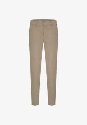 Beige broek met een slim fit, voorzien van een rits, twee knopen sluiten en twee voorkeurszakken. Gladde stof zonder zichtbare patronen.