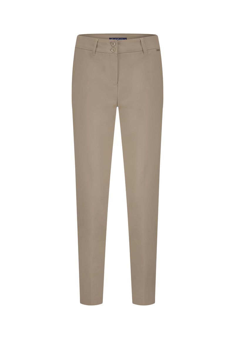 Beige bukser med slim fit, der har lynlås, to-knaps lukning og to forlommer. Glat stof uden synlige mønstre.