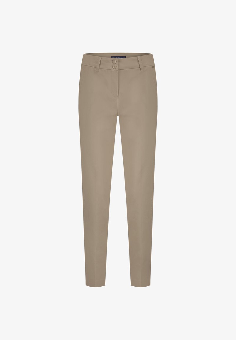 Beige broek met een slim fit, voorzien van een rits, twee knopen sluiten en twee voorkeurszakken. Gladde stof zonder zichtbare patronen.
