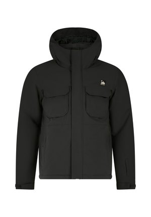 Schwarze wasserdichte Jacke mit Kapuze, ausgestattet mit zwei Brusttaschen und Seitentaschen, gefertigt aus einem glatten, strapazierfähigen Stoff.