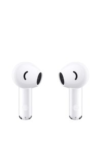 Drahtlose Ohrhörer mit glänzendem weißen Finish, runder Form und kleinen Mesh-Lautsprecherrastern. Mit "L" und "R" für links und rechts gekennzeichnet.