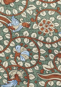 Wzorzysty materiał z zielonym tłem, wijącymi się brązowymi winoroślami, kremowymi liśćmi oraz niebieskimi i brązowymi ptakami i kwiatami.