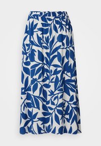 Valkoinen hame, jossa on suuri sininen abstrakti lehväkuvio, joustava vyötärö ja lentävä kangas.