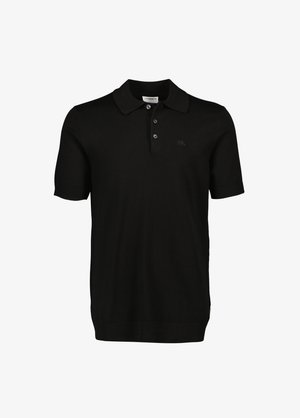 Polo shirt noir à manches courtes en tissu lisse, avec un col, une patte de boutonnage à trois boutons et un subtil logo brodé sur la poitrine.