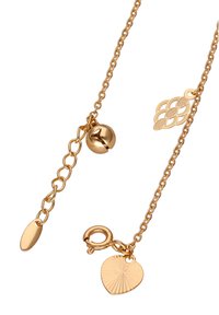 Arany tónusú nyaklánc lánccal, kerek haranggal és napfény csillogású szív alakú medállal. Tartalmaz egy homár zárat a rögzítéshez.