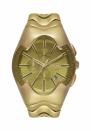 Goldene Diesel-Armbanduhr mit einzigartigem gebogenem Gehäuse, drei Hilfszifferblättern, Datumsanzeige und wellenförmigem Metallarmband.