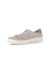 Heled hall suede tossud, millel on tekstureeritud valge tallaga, ümmargune nina ja lamedad paelad. Lihtne disain minimalistikult aktsentidega ja pehmendatud konts.