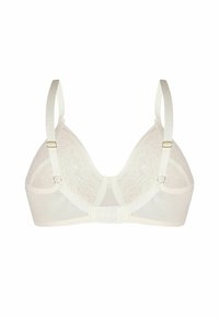 Biały koronkowy stanik z regulowanymi ramiączkami, kwiatowy wzór na miseczkach, gładka tkanina podstawy i zapięcie na hak i oczko z tyłu.