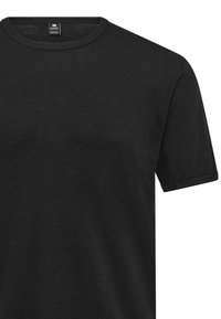 Sort kortærmet t-shirt lavet af letvægtsstof, med en klassisk crew-neck og en glat tekstur. Ingen synlige mønstre eller accenter.