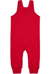 Rote Baumwoll-Latzhose mit breiten Schulterträgern, gerippten Bündchen und einem runden Ausschnitt. Für Komfort entworfen, mit einem einfachen, einfarbigen Muster.
