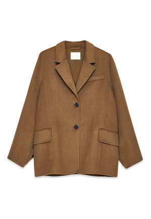 Brown wool blazer with a notched collar, single-breasted design, two large front pockets, and a small chest pocket. Features black buttons.