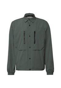 Tmavě zelená, lehká bunda s knoflíkovým zapínáním, dvěma kapsami na zip na hrudi a elastickými manžetami. Hladká textura s neformálním designem.