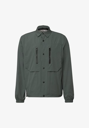 Dunkelgrüne, leichte Jacke mit Knopfleiste, zwei Reißverschlusstaschen auf der Brust und elastischen Bündchen. Glatte Textur mit lässigem Design.