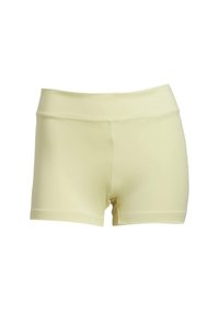 Vaaleankeltaiset aktiivishortsit, jotka on valmistettu joustavasta kankaasta. Ne ovat leveällä vyötärönauhalla, sileällä pinnalla ja ommeltyillä lahkeensuilla.