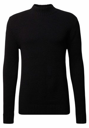 Black knitted sweater with a high neck, long sleeves, ribbed cuffs, and hem. Soft texture with a solid color, no patterns or accents.