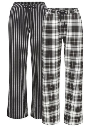 Czarno-białe spodnie dresowe: jedna para w pionowe paski, druga w kratę. Obie mają elastyczny pas i sznurek do regulacji.