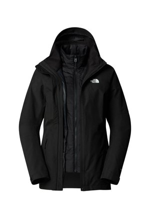Giacca North Face nera a due strati con cappuccio in tessuto esterno e fodera interna trapuntata con zip, visibile su uno sfondo bianco.