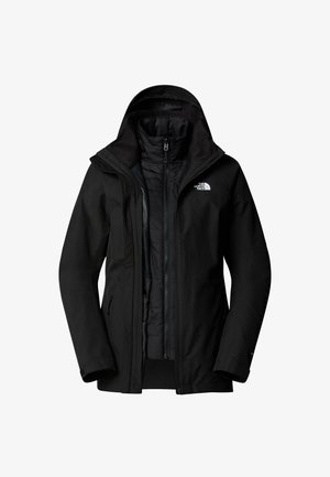 Black two-layer North Face jacket with an outer shell hood and inner quilted zip-up lining visible on a white background.