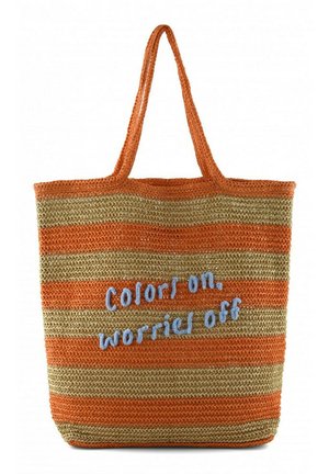 Borsa tote a righe in tessuto arancione e beige con manici e scritta blu sul davanti "colors on, worries off".