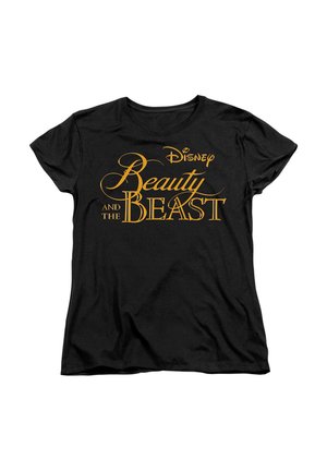 Black T-shirt featuring gold text that reads "Disney Beauty and the Beast." The design includes ornamental lettering and a classic fit.