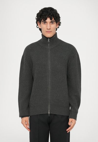 Jeune homme aux cheveux bouclés portant un pull zippé gris foncé à côtes avec un col montant et un pantalon noir, debout sur un fond uni.