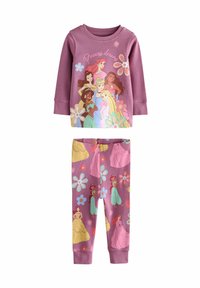 Dvoudílná pyžamová souprava se svetrem s dlouhým rukávem a potištěnými kalhotami. Fialová látka s ilustracemi Disney princezen a květinovými vzory.