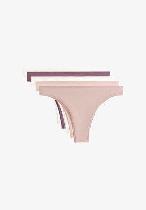 Pack of five thongs in soft cotton fabric. Colors include light pink, white, and two shades of purple. Minimalistic design with no patterns.