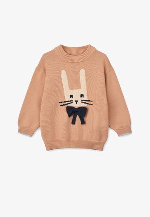 Strickpullover in hellem Pfirsich mit einem Kaninchenmuster, schwarzen Schnurrhaaren und einer maritimen Schleifen-Details. Hat einen runden Ausschnitt und gerippte Bündchen.