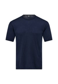 Marineblå kortærmet t-shirt med rund hals, glat tekstur og diskret syning ved skuldrene. Letvægtsstof.