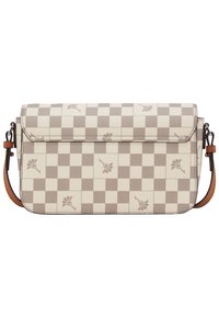 Shoulder bag in light beige and gray checkerboard pattern, featuring floral accents, a flap closure, and a detachable brown leather strap.