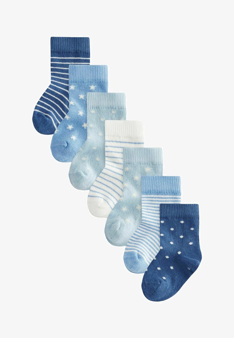 Set aus sechs Socken in verschiedenen Blau-Tönen, mit Streifen, Punkten und Sternen-Mustern. Gerippte Bündchen; weiche Stricktextur.